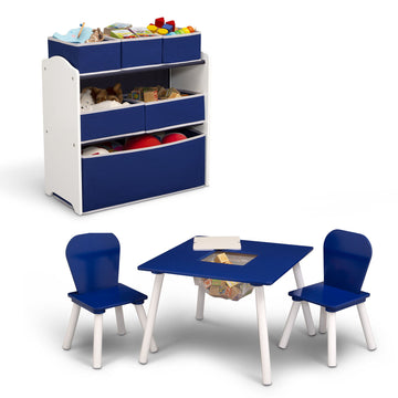 Children 4-Piece Toddler Playroom Table, Chair and Multi-Bin Toy Organizer Set. Blue, Pink or Grey